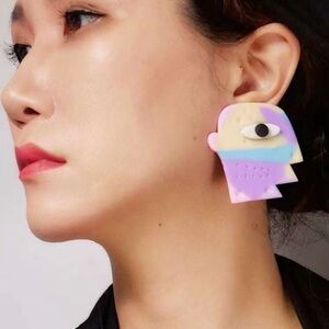 Colorful Abstract Face Statement Earrings - Pink & Purple